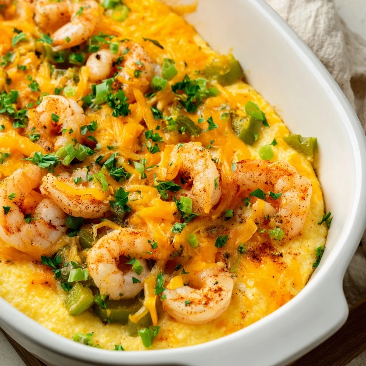Golden-brown Easy Shrimp & Grits Casserole with tender shrimp, onions, and bell peppers baked into a cheesy, creamy grit base.
