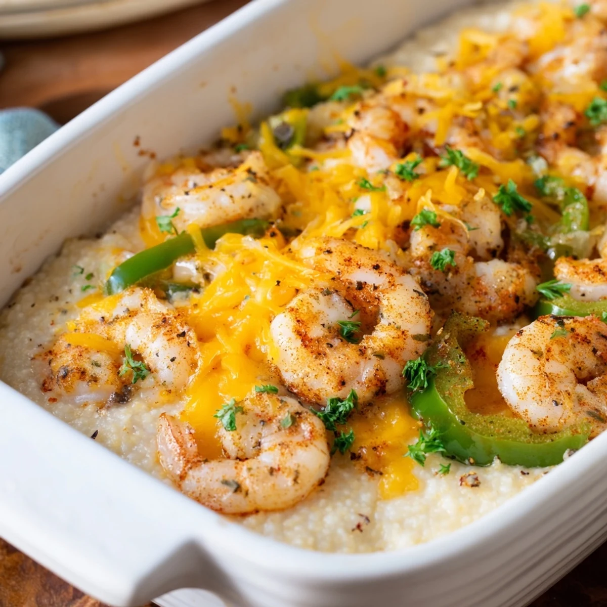 Easy Shrimp & Grits Casserole served hot in a baking dish, garnished with fresh parsley and ready for a Southern-inspired dinner. 