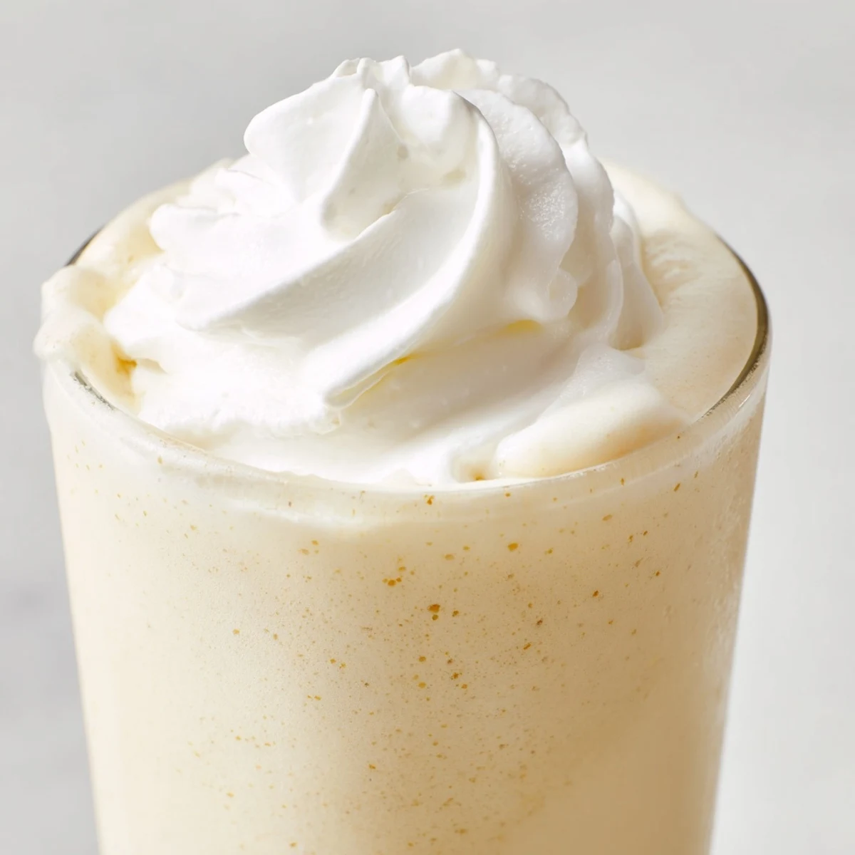 Tall glass of Starbucks Vanilla Bean Frappuccino with swirls of whipped cream and a straw ready to sip.
