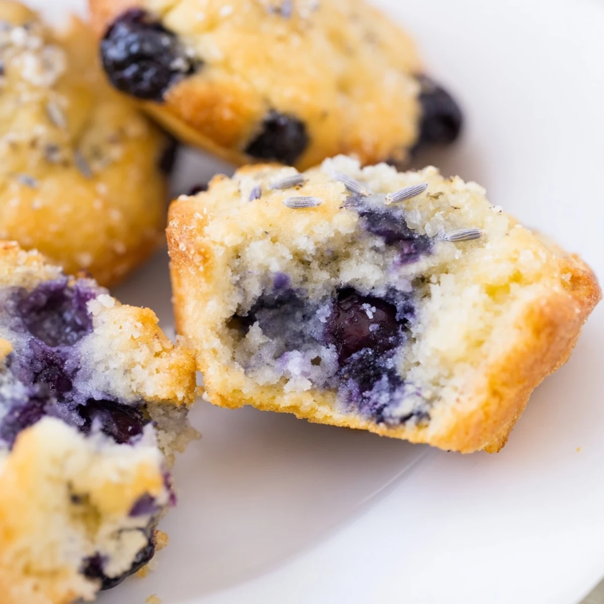 Golden lavender blueberry tea cakes sit on a wire rack, their lemon glaze gently dripping down.