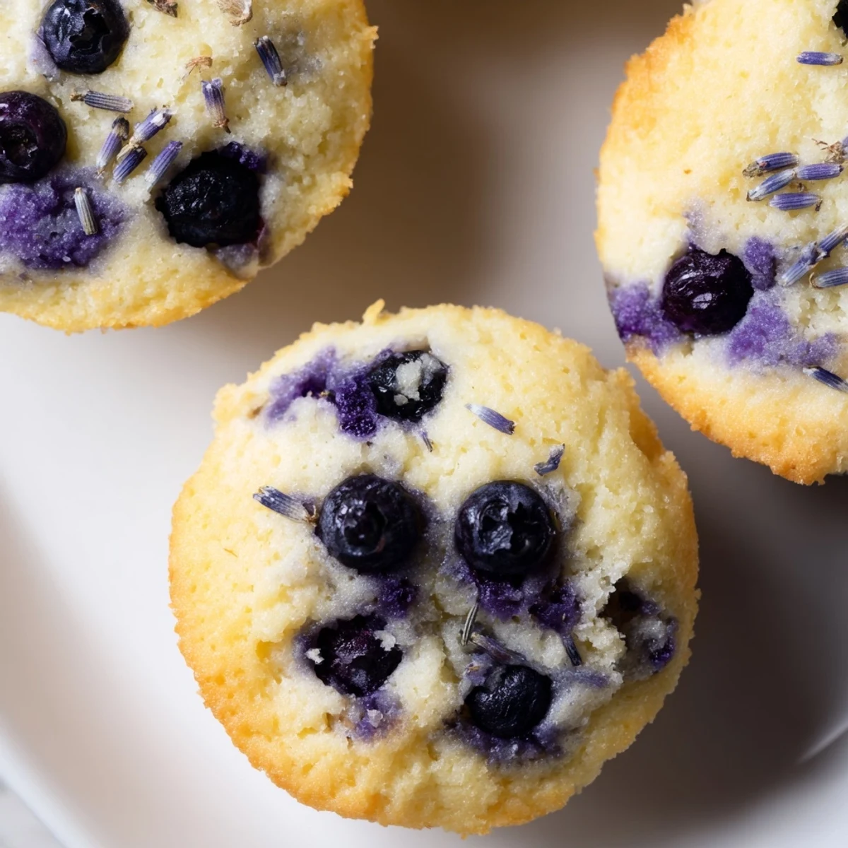 Freshly baked lavender blueberry tea cakes showcase plump blueberries and a light dusting of powdered sugar.
