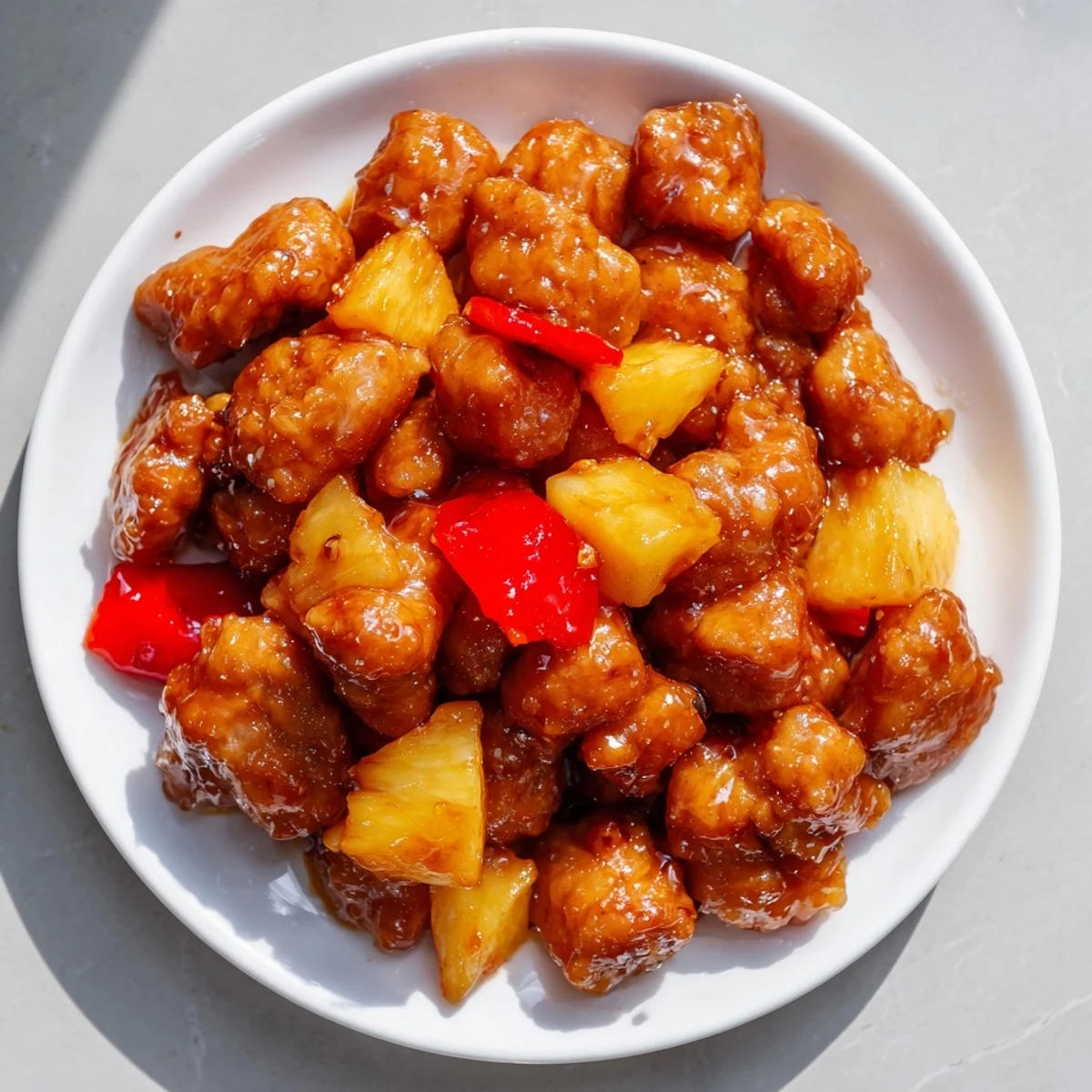 Golden-brown chicken pieces glisten in a honey garlic glaze with fresh pineapple chunks and red bell pepper, served over steamed rice for a vibrant weeknight dinner.