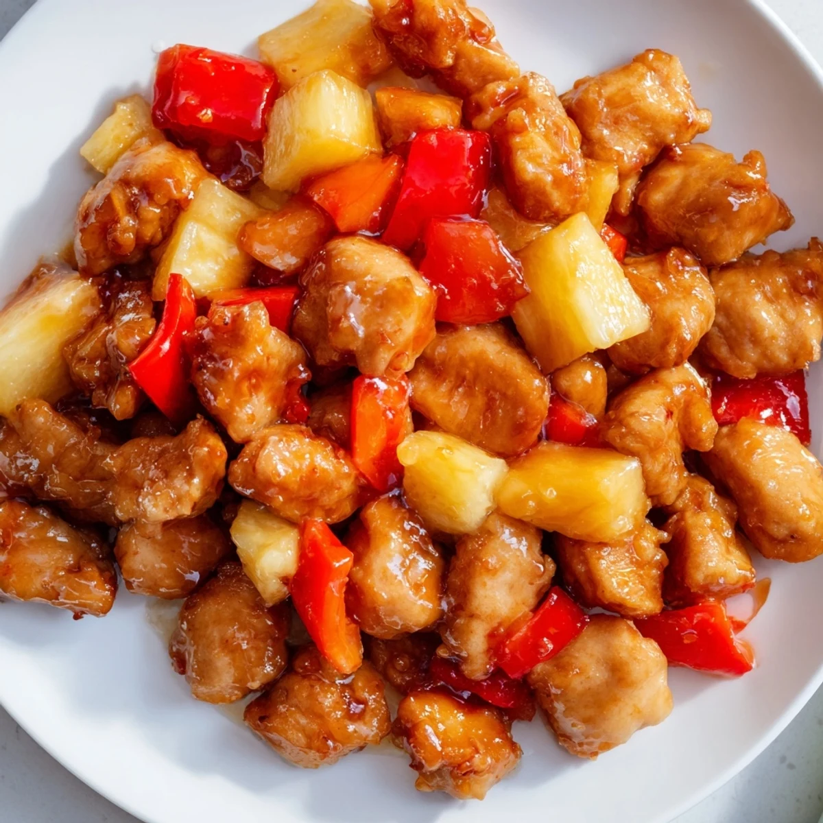 Tender, sautéed chicken coated in sweet-savory sauce sits beside diced onion and pineapple chunks, garnished with green onions and sesame seeds on a white plate.