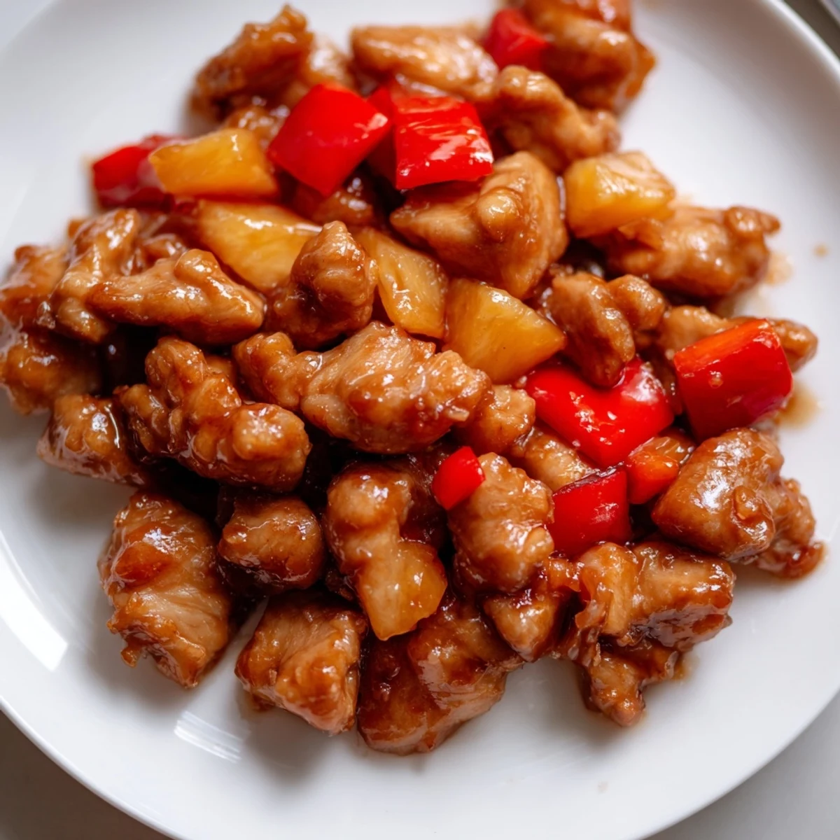 Close-up of glazed Honey Garlic Pineapple Chicken in a skillet, steam rising from juicy pineapple and peppers, highlighting the thick, aromatic sauce perfect for family meals.