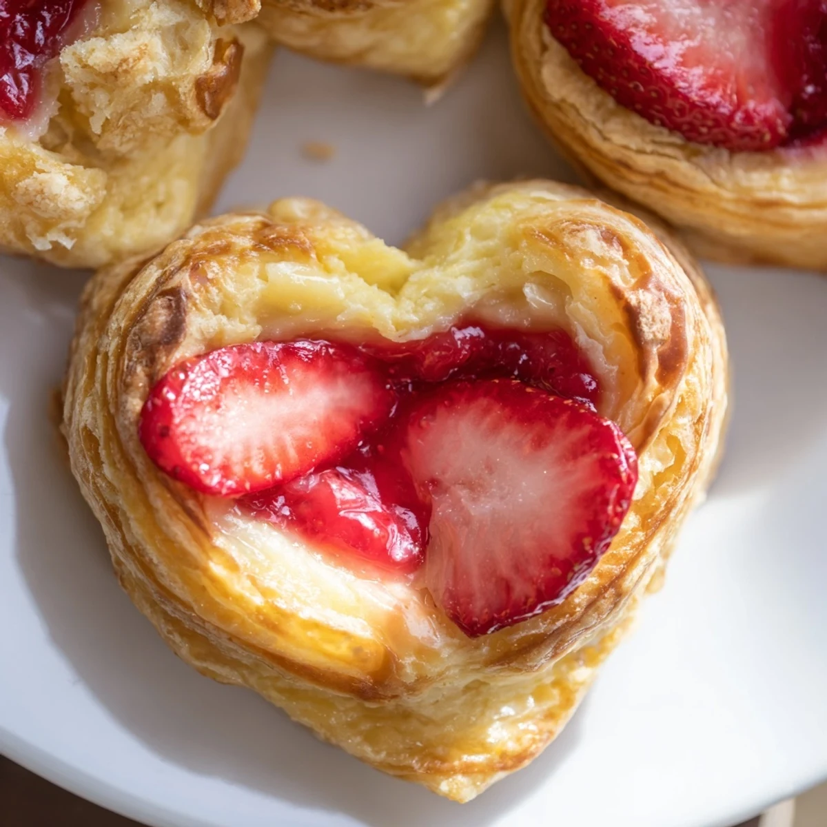 Flaky golden Strawberry Cream Cheese Heart Danishes showcase a sweet cream cheese and strawberry filling on a white plate.