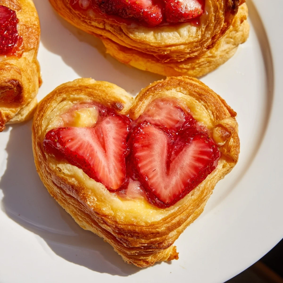 Golden puff pastry frames around bright red strawberries and creamy filling highlight these Strawberry Cream Cheese Heart Danishes.