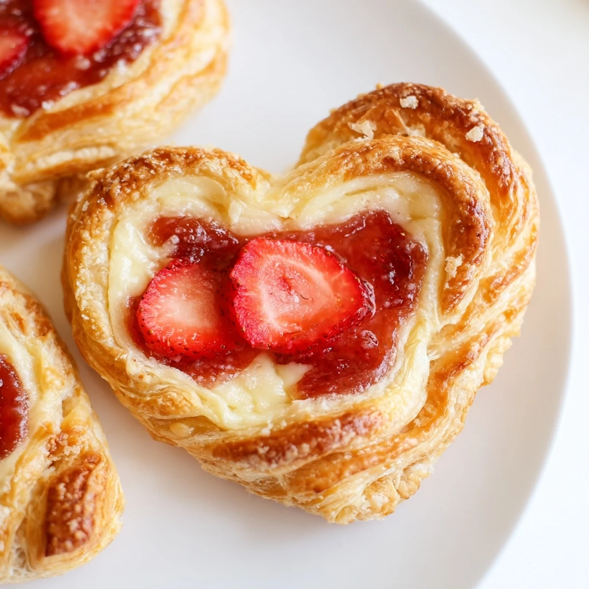 A close view of baked Strawberry Cream Cheese Heart Danishes with fresh strawberry slices and a glossy vanilla glaze.