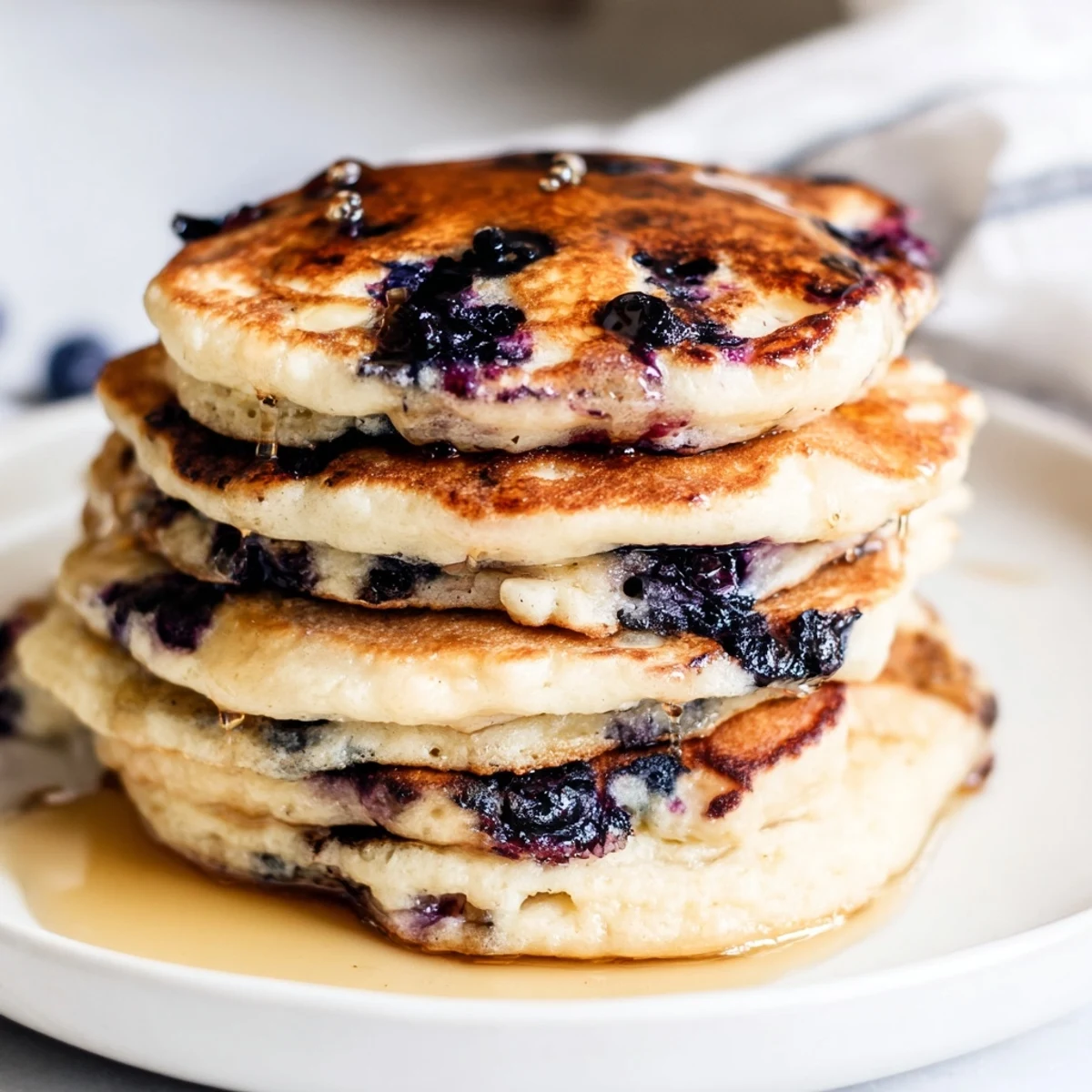 Fluffy Greek Yogurt Blueberry Pancakes stacked high on a white plate, topped with fresh blueberries and a drizzle of maple syrup.