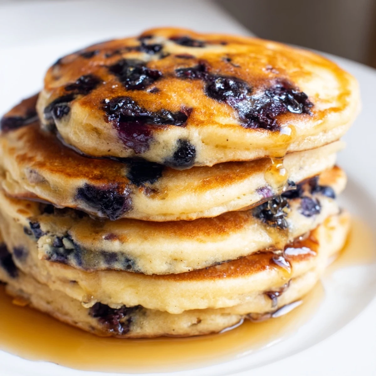A close-up view of golden Fluffy Greek Yogurt Blueberry Pancakes fresh off the griddle, revealing a tender crumb and plump berries.