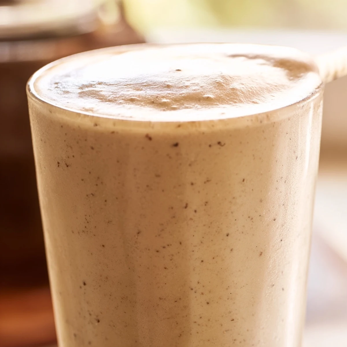 Creamy Vanilla Bean Frappuccino topped with whipped cream and white chocolate shavings served in a tall glass.