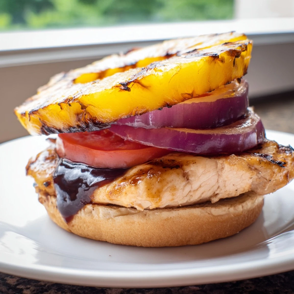 Juicy grilled Hawaiian Pineapple Chicken Burger with caramelized pineapple, crisp lettuce, and tangy teriyaki sauce on a toasted bun.