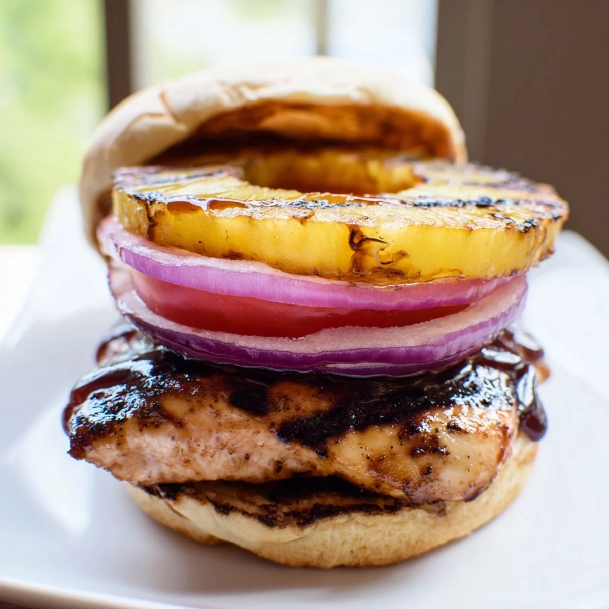 Sizzling Hawaiian Pineapple Chicken Burger served on a soft bun with tomato, red onion, and sweet pineapple ring garnish.