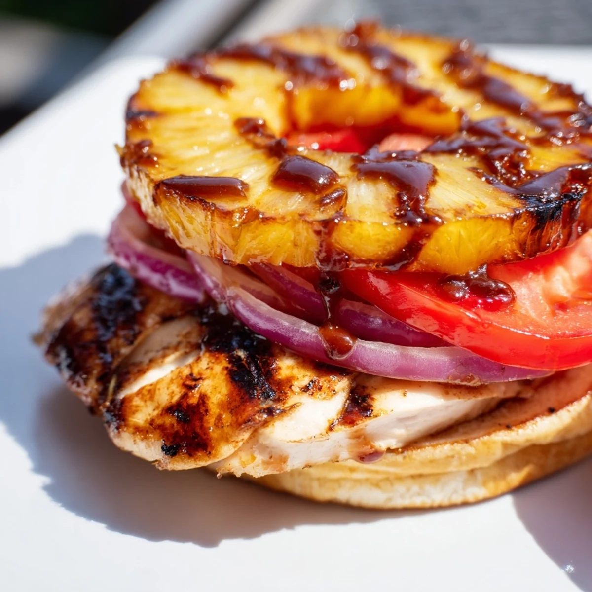 A close-up of the Hawaiian Pineapple Chicken Burger showing tender chicken, glossy teriyaki glaze, and island-inspired fresh toppings.