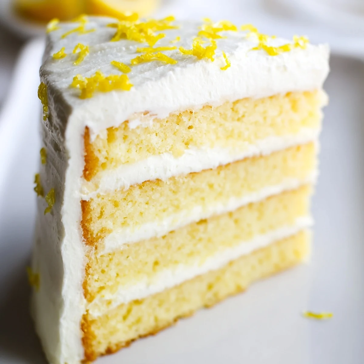 A slice of Limoncello Mascarpone Cake with creamy frosting and lemon zest, served on a white plate with a fork.