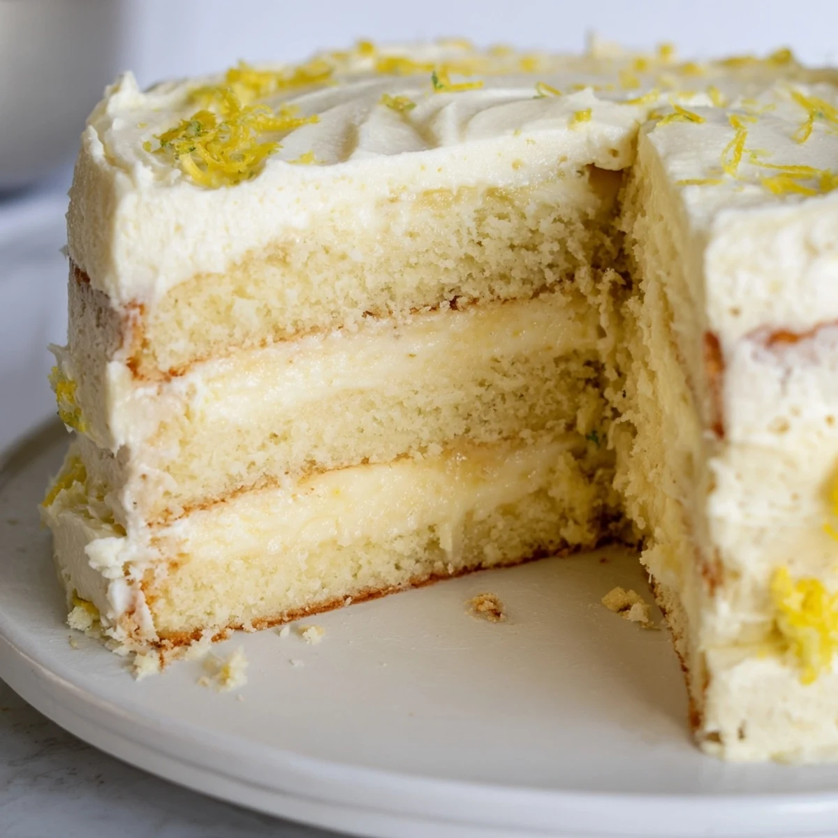 Freshly baked Limoncello Mascarpone Cake layers soaked in syrup, garnished with lemon slices and edible flowers on a rustic table.