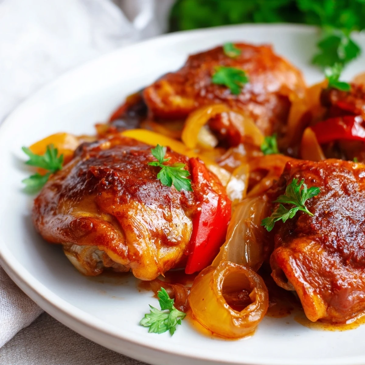 Golden brown braised Catalina chicken thighs simmering in a tangy sauce with colorful onions and peppers.