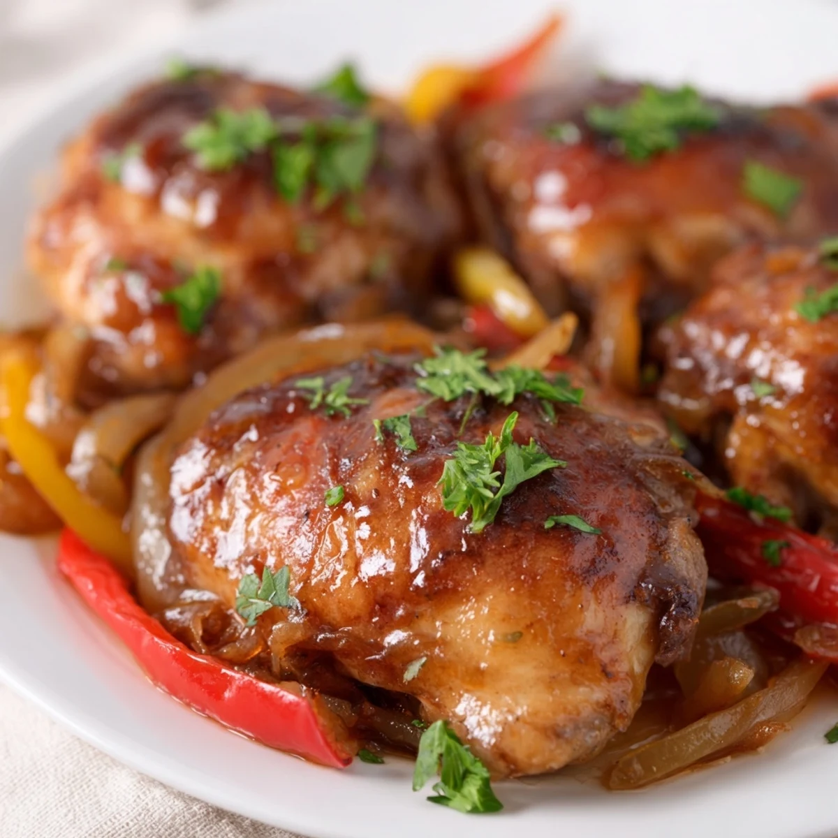 Tender braised Catalina chicken on a platter, showcasing juicy thighs in a rich, glossy dressing.