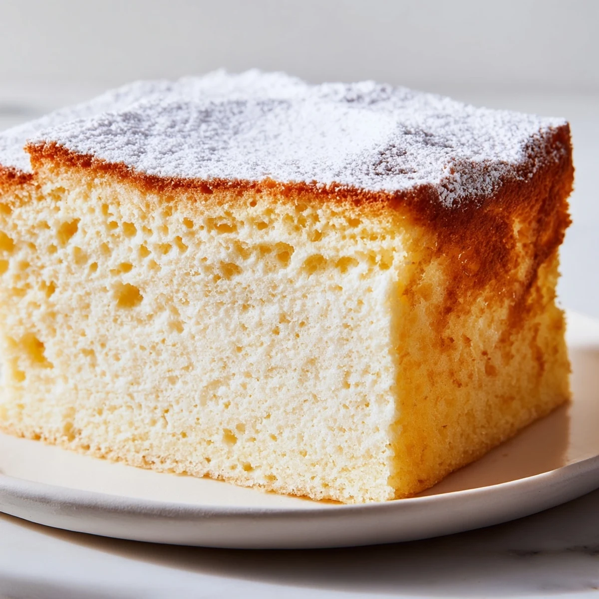 Fluffy Yogurt Cloud Cake dusted with powdered sugar on a wire rack, ready to serve with fresh berries.