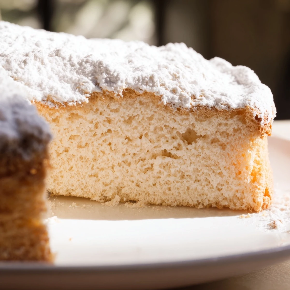 Close-up of Fluffy Yogurt Cloud Cake slice, showing soft crumb and clouds of whipped egg white peaks.