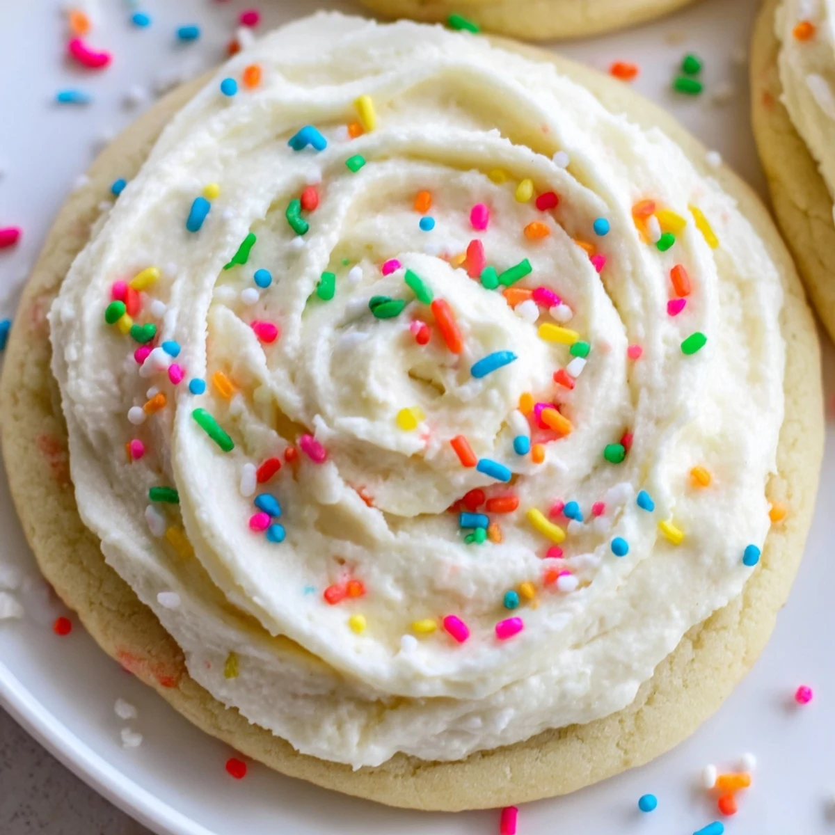 A close-up shows Soft Sour Cream Sugar Cookies With Cream Cheese Frosting, with pink frosting swirled generously on top and colorful sprinkles.