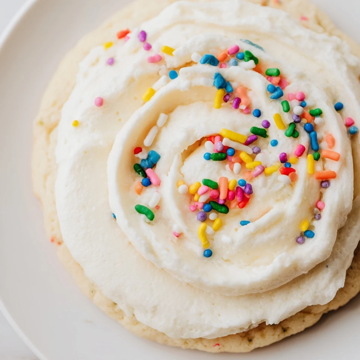 Two Soft Sour Cream Sugar Cookies With Cream Cheese Frosting are stacked on a white plate, revealing a tender, melt-in-your-mouth crumb.