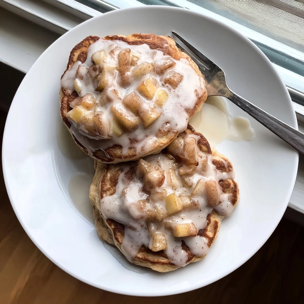 Glazed Apple Fritter Pancakes garnished with powdered sugar and fresh apple slices for a sweet brunch.