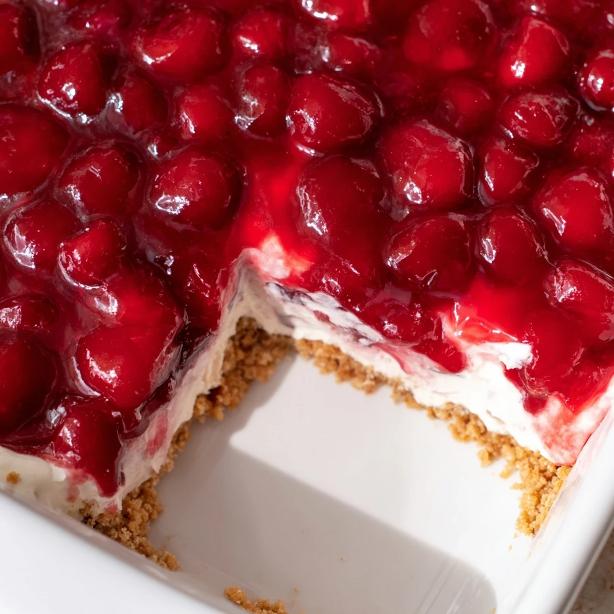 Close-up of a Classic Cherry Delight dessert with graham cracker crust, creamy filling, and glossy red cherry topping.
