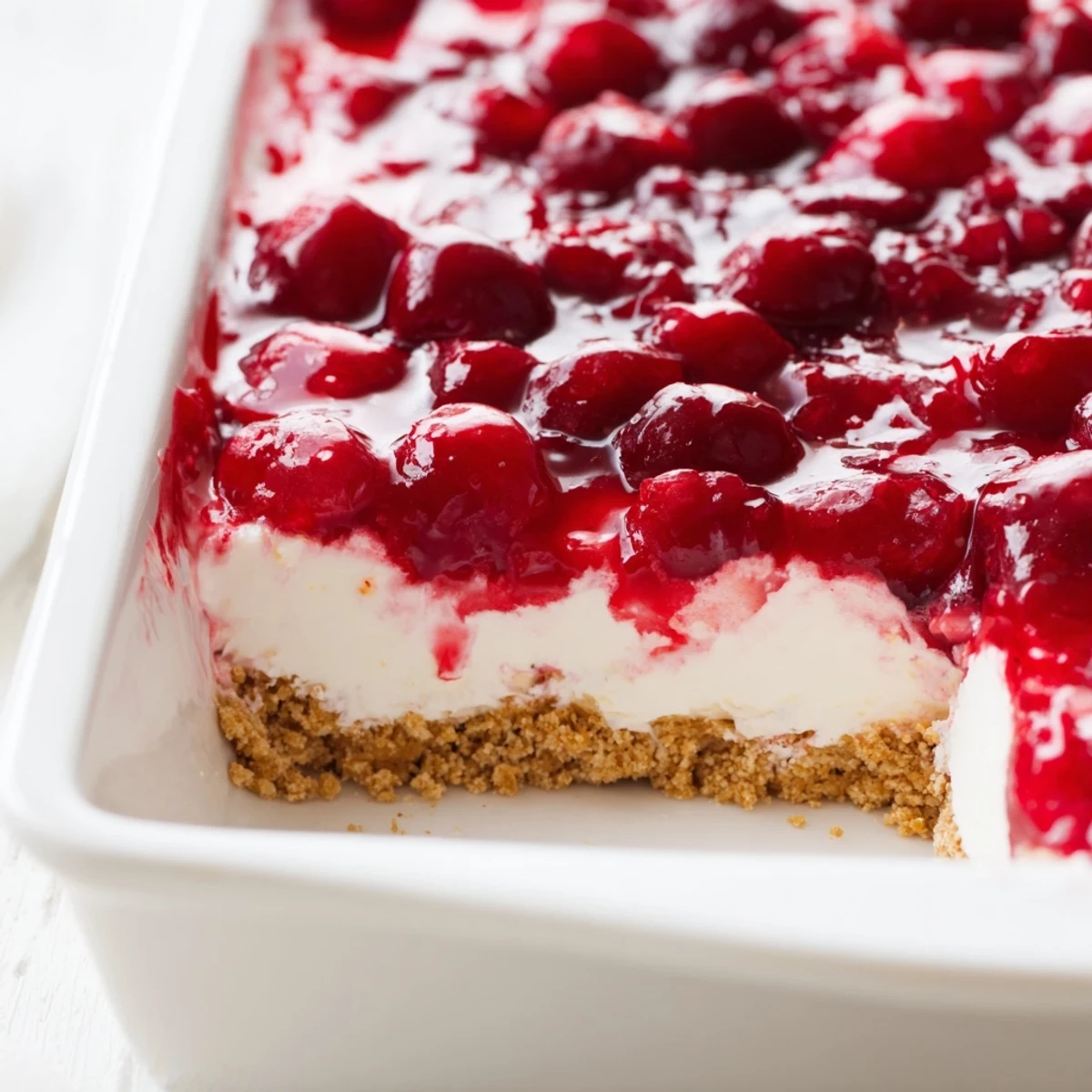 Classic Cherry Delight dessert in a glass dish, garnished with fresh cherries and ready to serve cold.