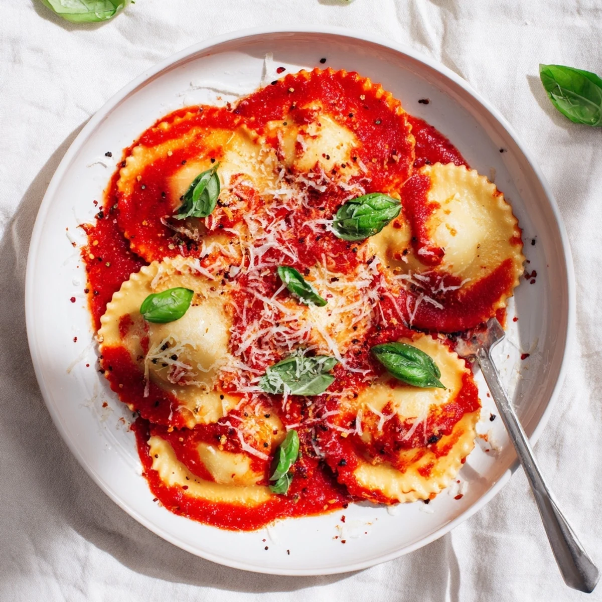 Golden 20-Minute Ravioli with Simple Sauce nestled in vibrant red sauce, garnished with fresh basil and grated Parmesan.