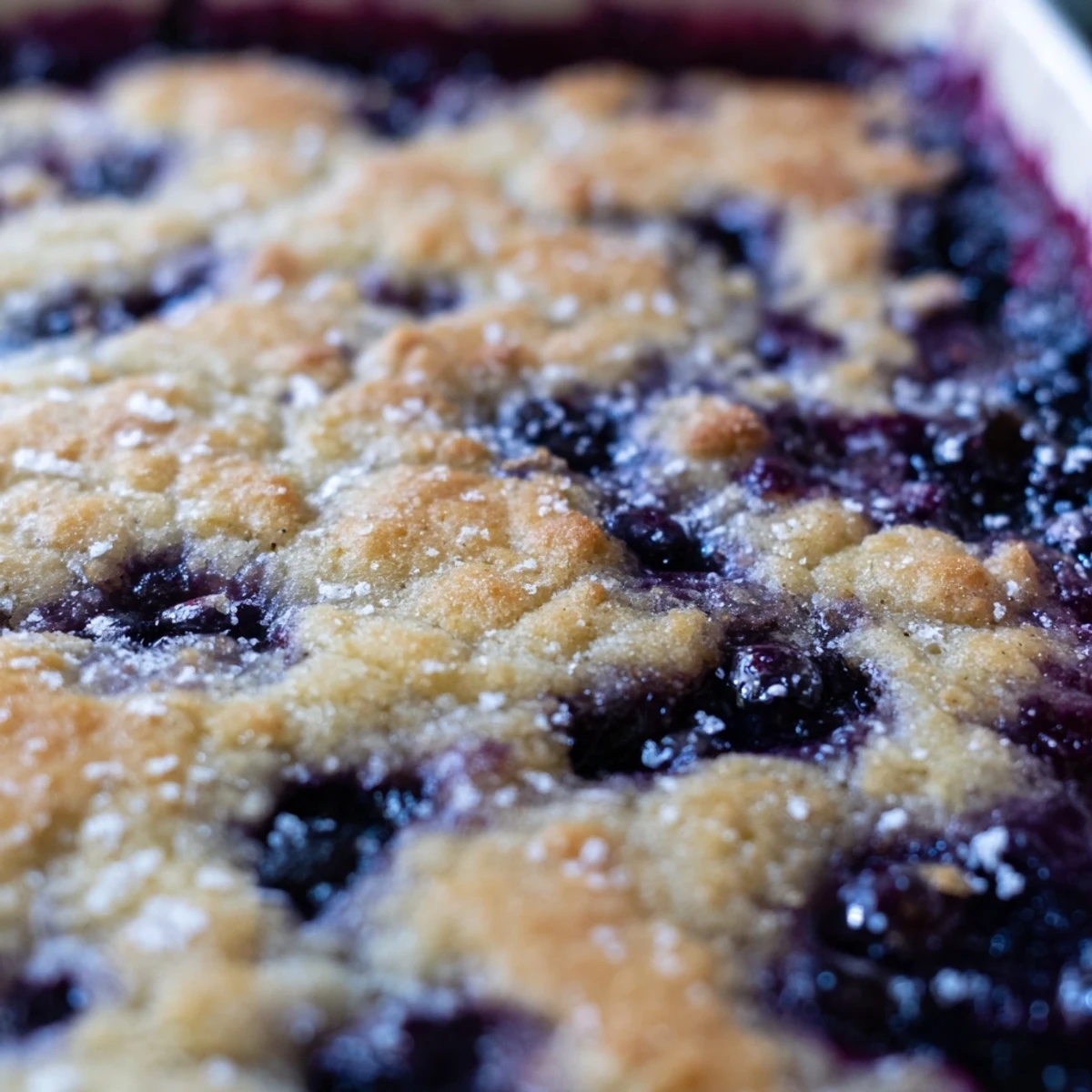 A close-up of Moist Blueberry Cobbler With Frozen Berries bubbling in a ceramic dish, with biscuit topping golden brown.