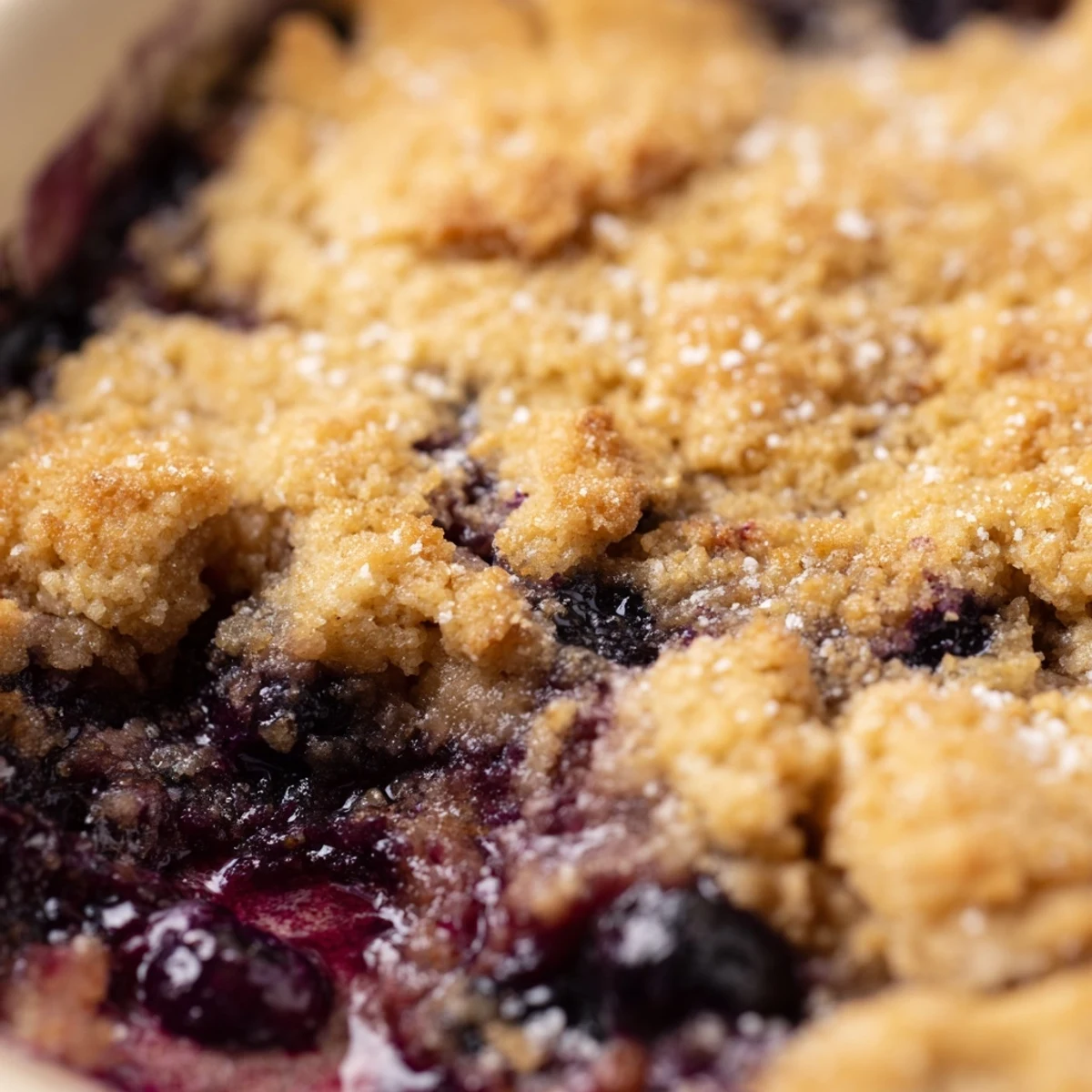 Steam rises from a freshly baked Moist Blueberry Cobbler With Frozen Berries, showcasing juicy blueberries under a moist biscuit crust.