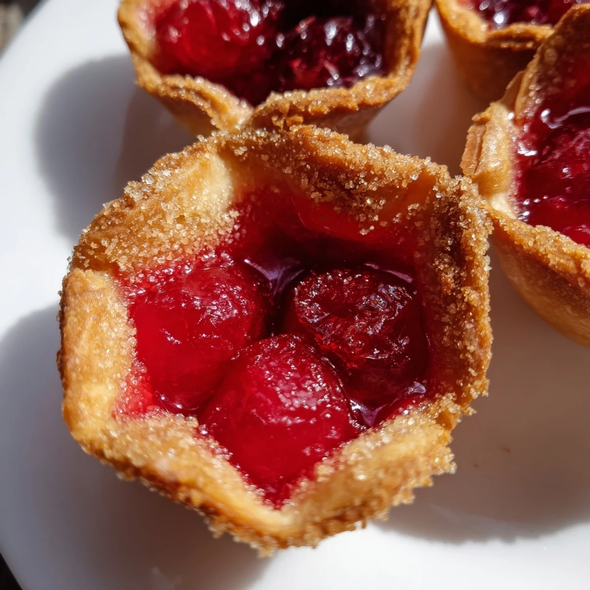 Freshly baked Quick Cherry Pie Bites with bubbly red filling sit on a cooling rack, sprinkled with cinnamon sugar for a sweet treat.