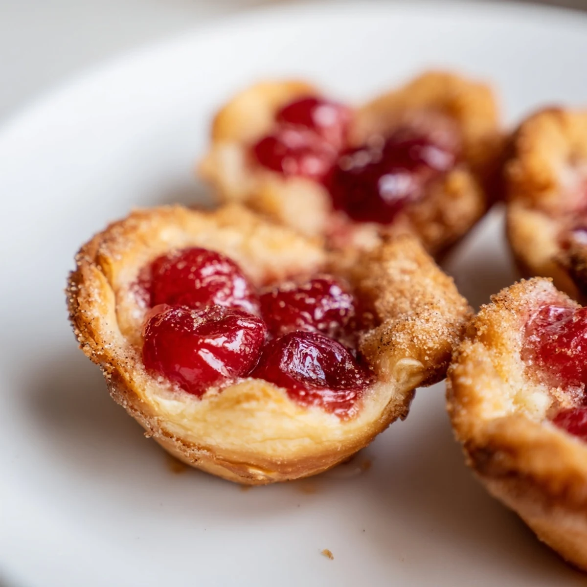 Golden Quick Cherry Pie Bites are arranged on a white plate with a dollop of whipped cream and a cherry garnish for serving.