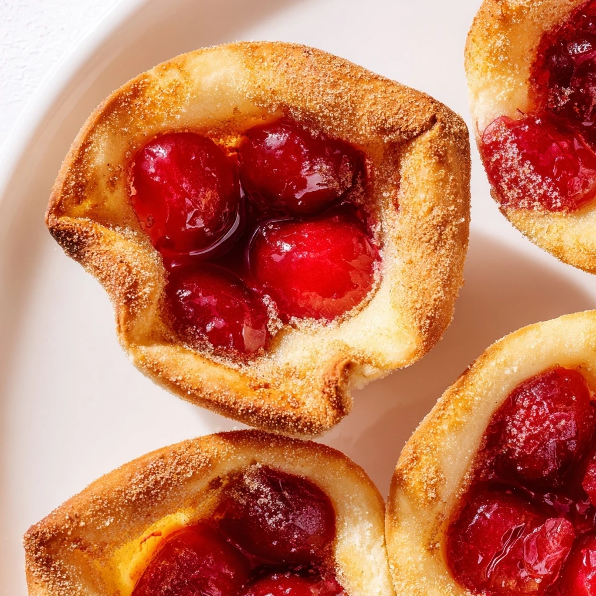 A close-up view of Quick Cherry Pie Bites reveals flaky pastry edges and a spoonful of vibrant cherry pie filling inside each bite.