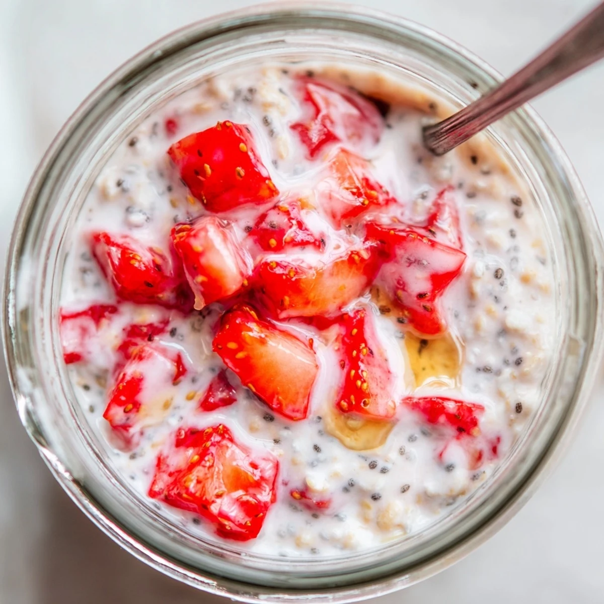 Creamy Strawberry Overnight Oats topped with sliced berries and a drizzle of honey in a glass jar.