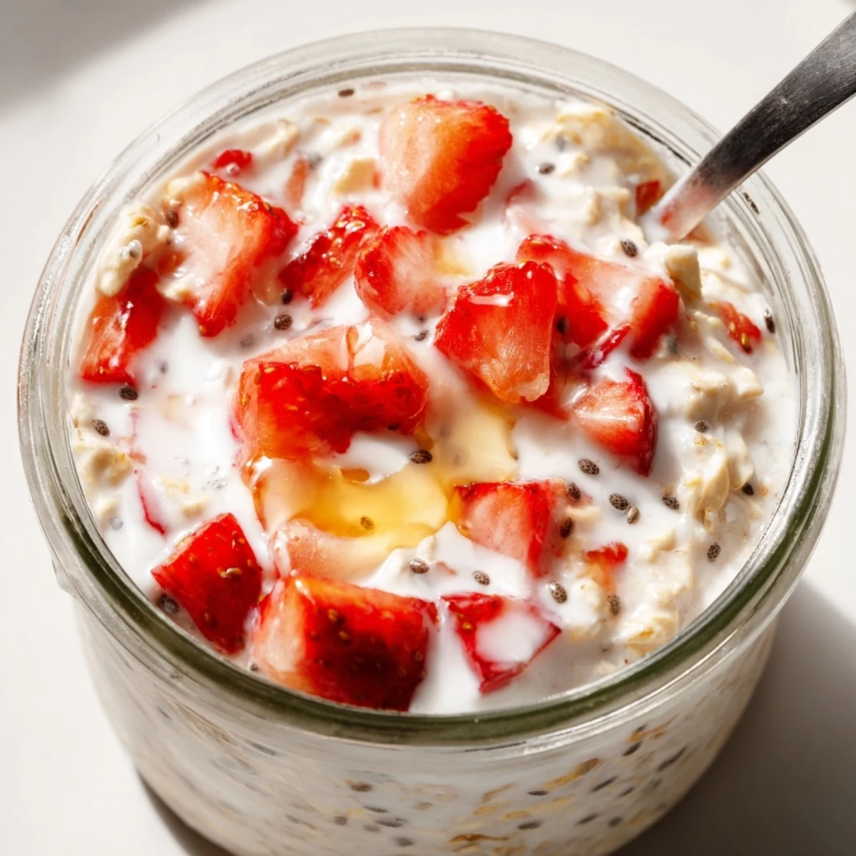Bowl of Strawberry Overnight Oats with diced strawberries, chia seeds, and crunchy almond slices for breakfast.