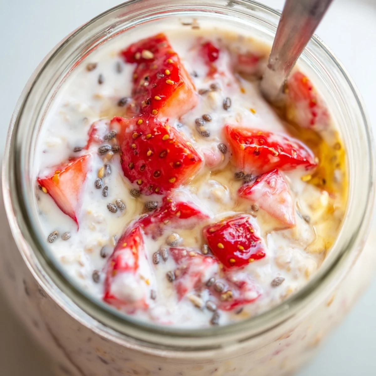 Healthy make-ahead Strawberry Overnight Oats with vanilla-scented oats and fresh fruit served chilled for morning.
