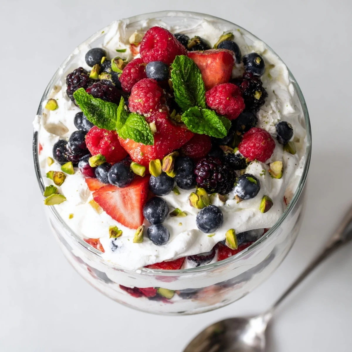 Fluffy Yogurt Cloud Dessert with Berries and Cream layered in a clear glass, showing airy texture and vibrant mixed berries.