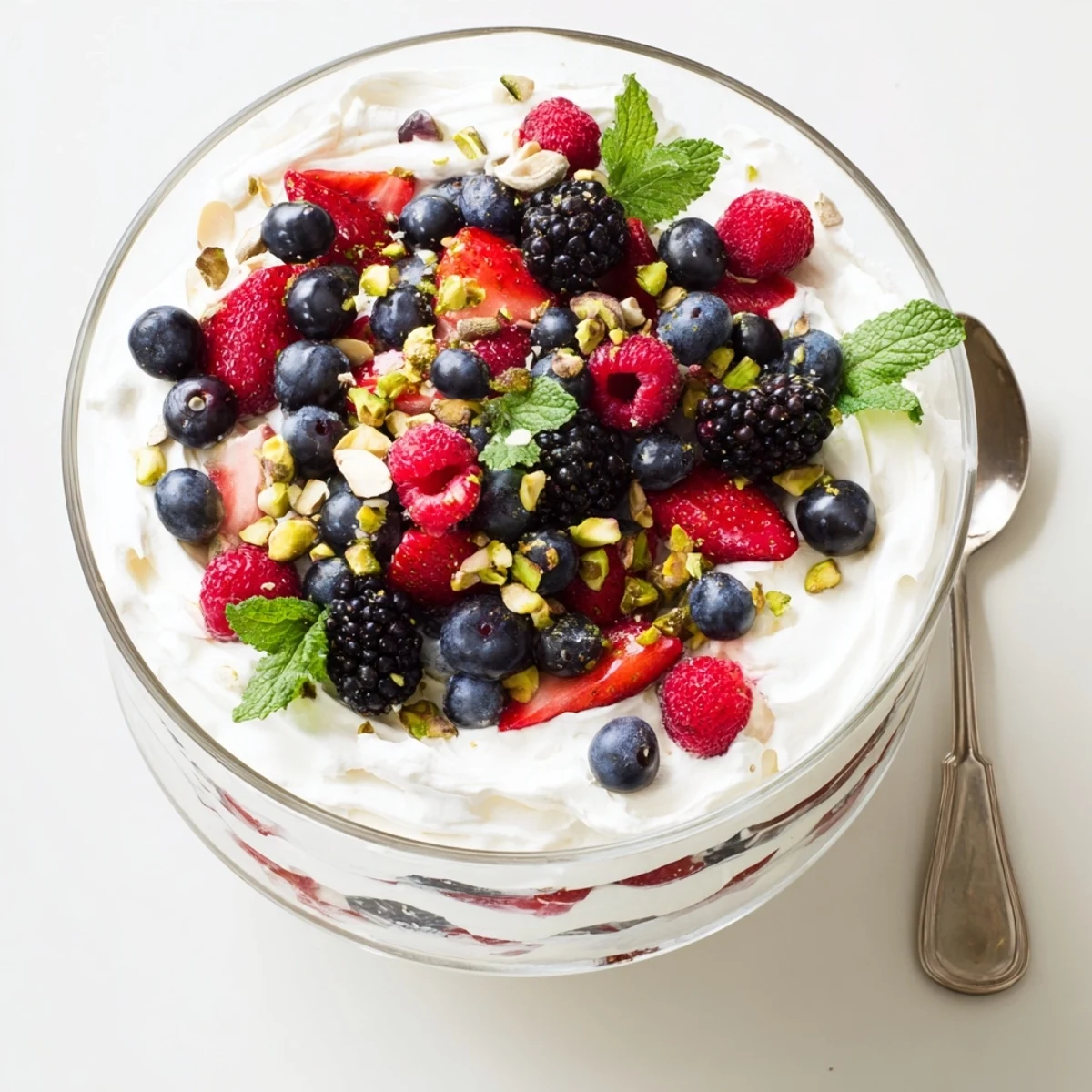 A close-up view of Fluffy Yogurt Cloud Dessert with Berries and Cream topped with fresh mint and chopped pistachios.