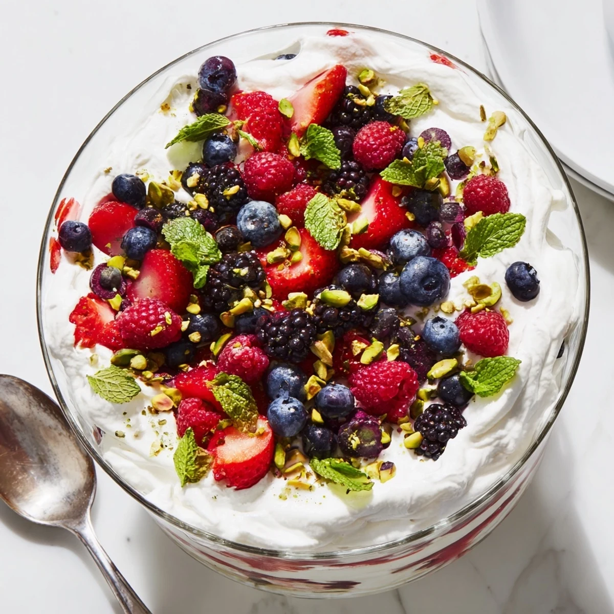 Fluffy Yogurt Cloud Dessert with Berries and Cream served in a dessert bowl, garnished with blueberries and raspberries for a refreshing treat.