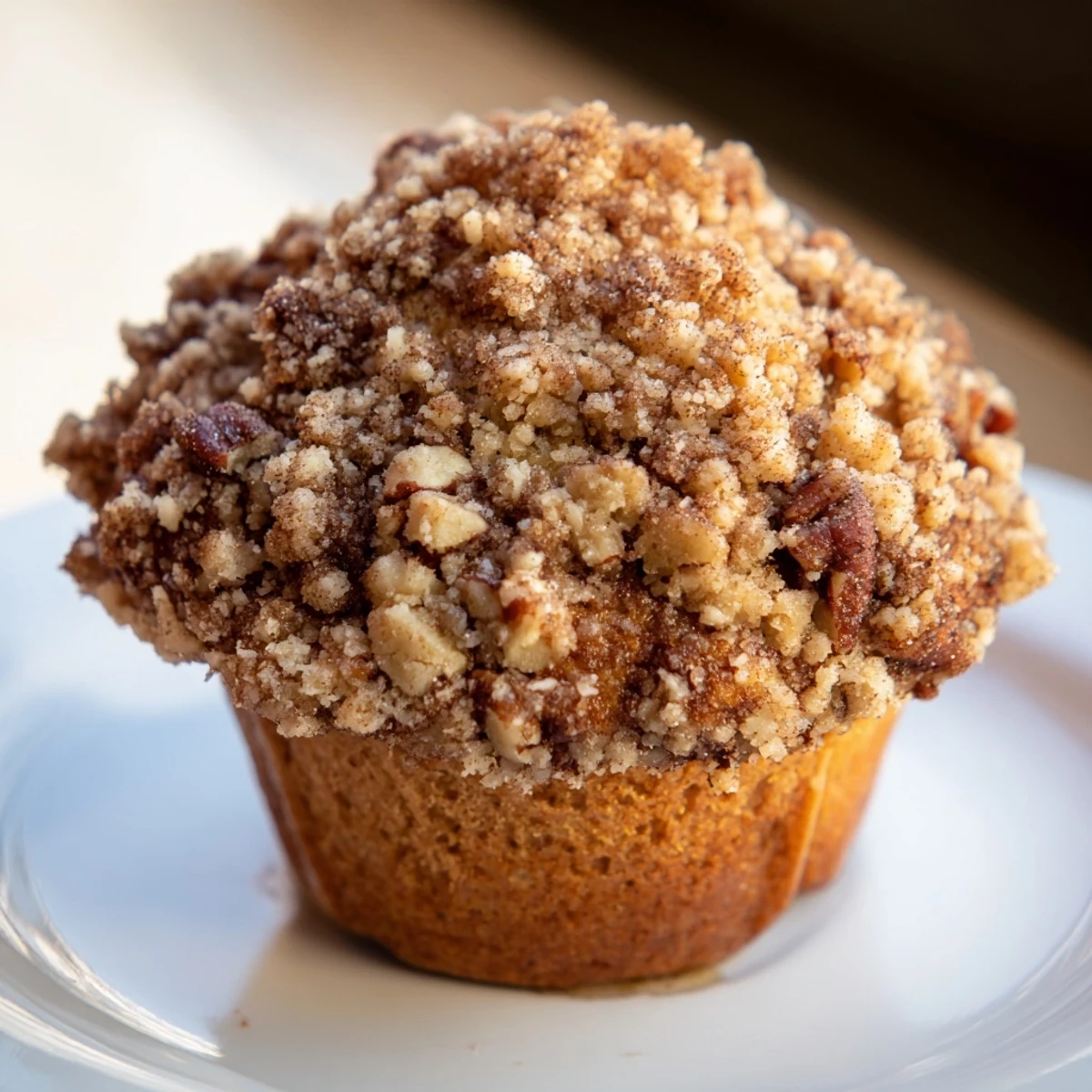 Freshly baked Cinnamon Muffins with a golden crunch topping rest on a wooden board, offering a warm breakfast treat.