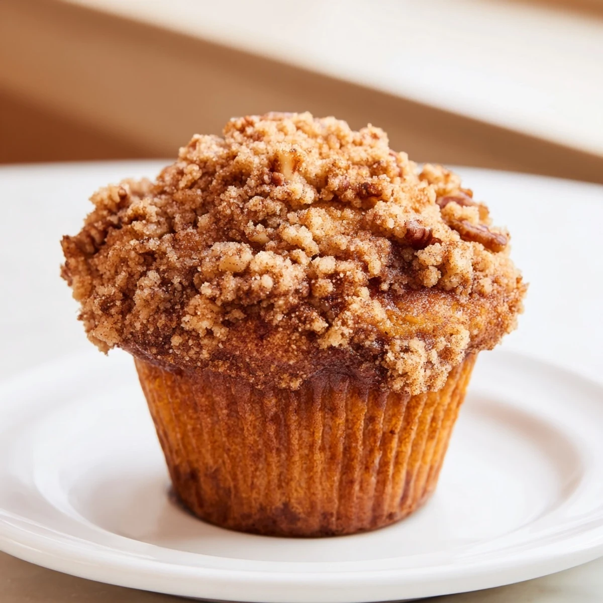 Close-up of a Cinnamon Muffin with crunchy streusel, served alongside a steaming cup of coffee for a cozy snack.