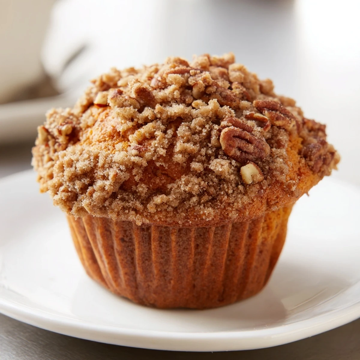 Freshly baked Cinnamon Muffins dusted with powdered sugar, showing moist interiors and a buttery, crunchy pecan topping.