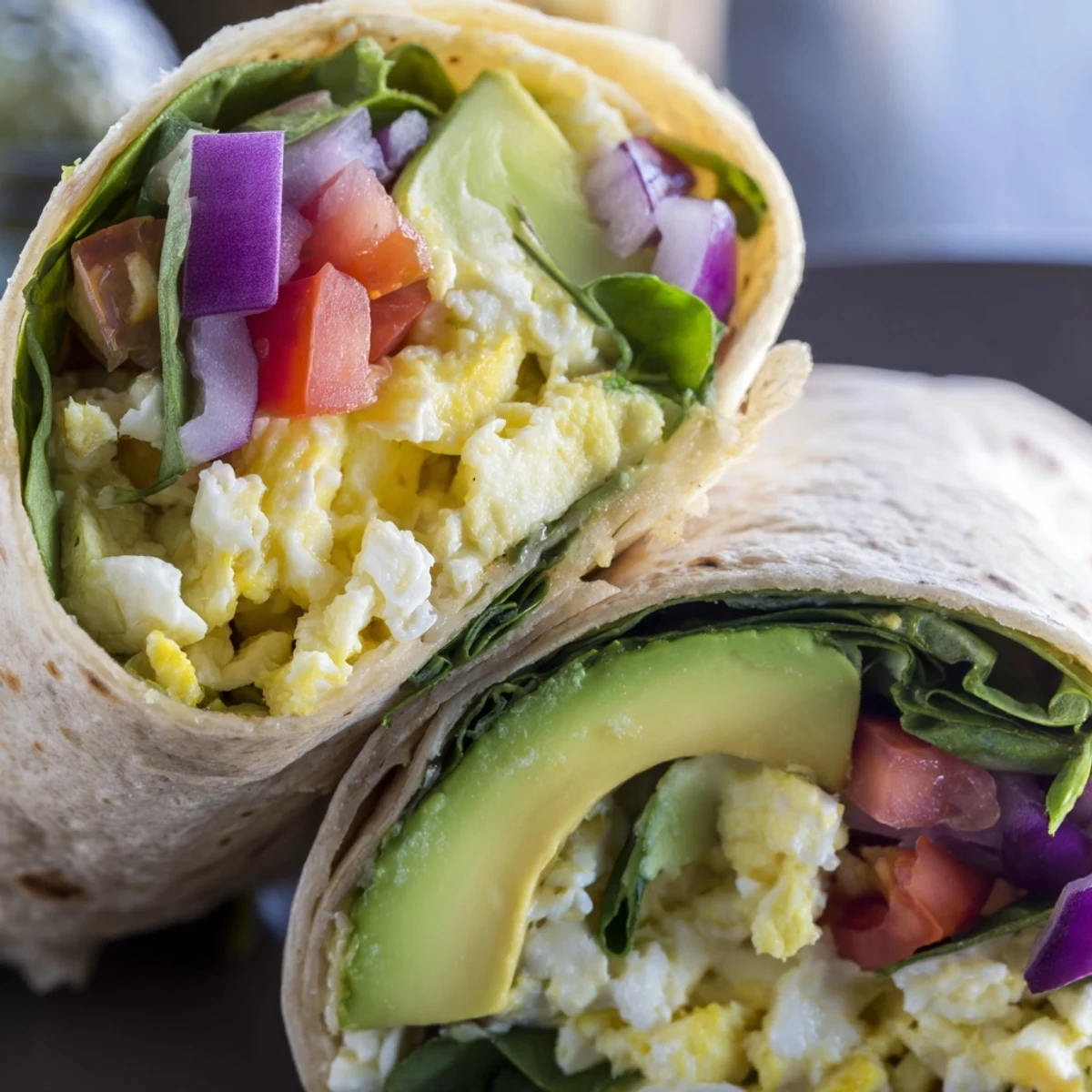 A close-up of a high protein breakfast wrap with cottage cheese and avocado, cut in half to show creamy fillings.