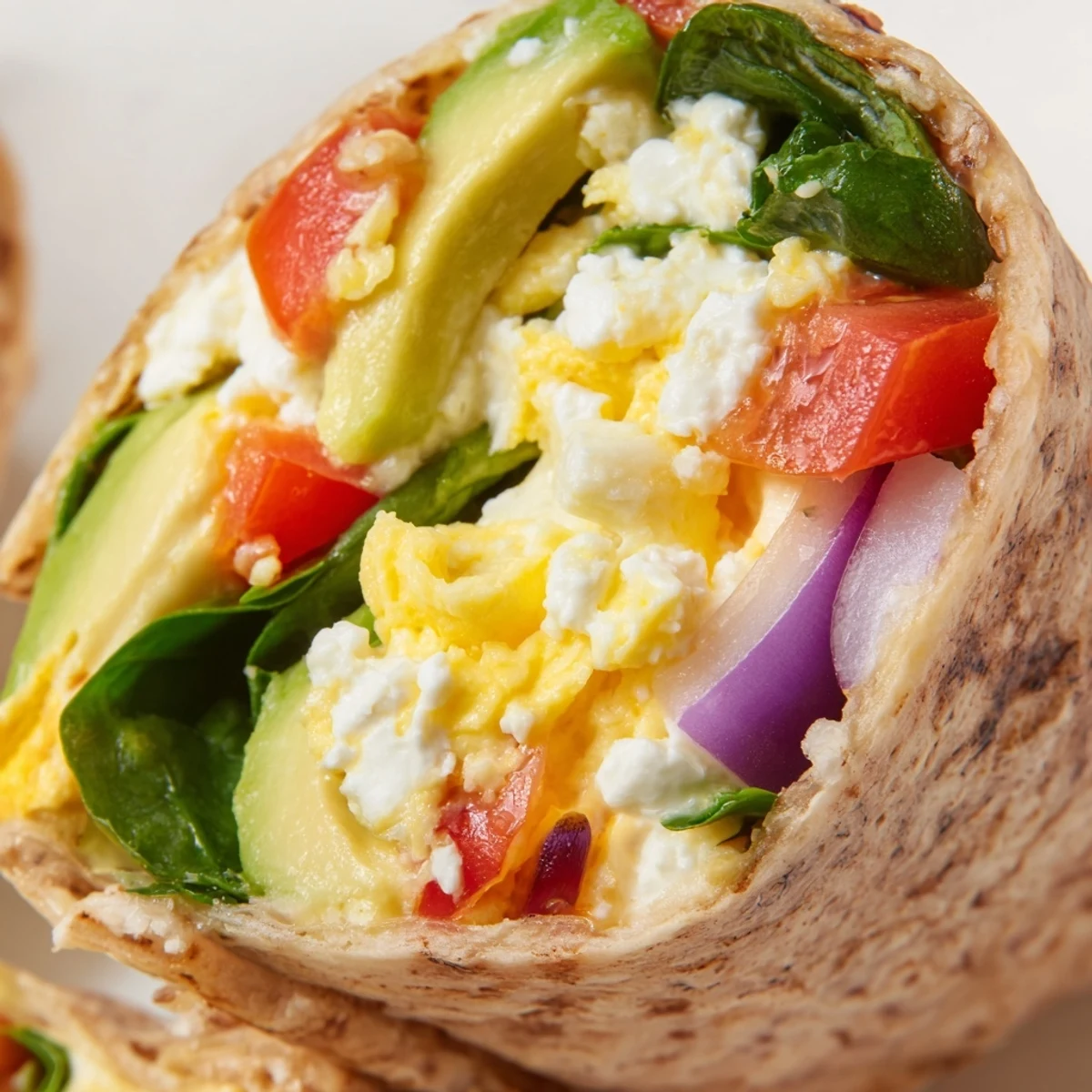 Warm high protein breakfast wrap with cottage cheese and avocado, filled with scrambled eggs and fresh spinach on a rustic table.