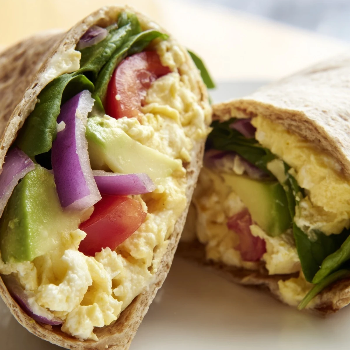 Sliced high protein breakfast wrap with cottage cheese and avocado, featuring diced tomatoes and red onion for a colorful morning meal.
