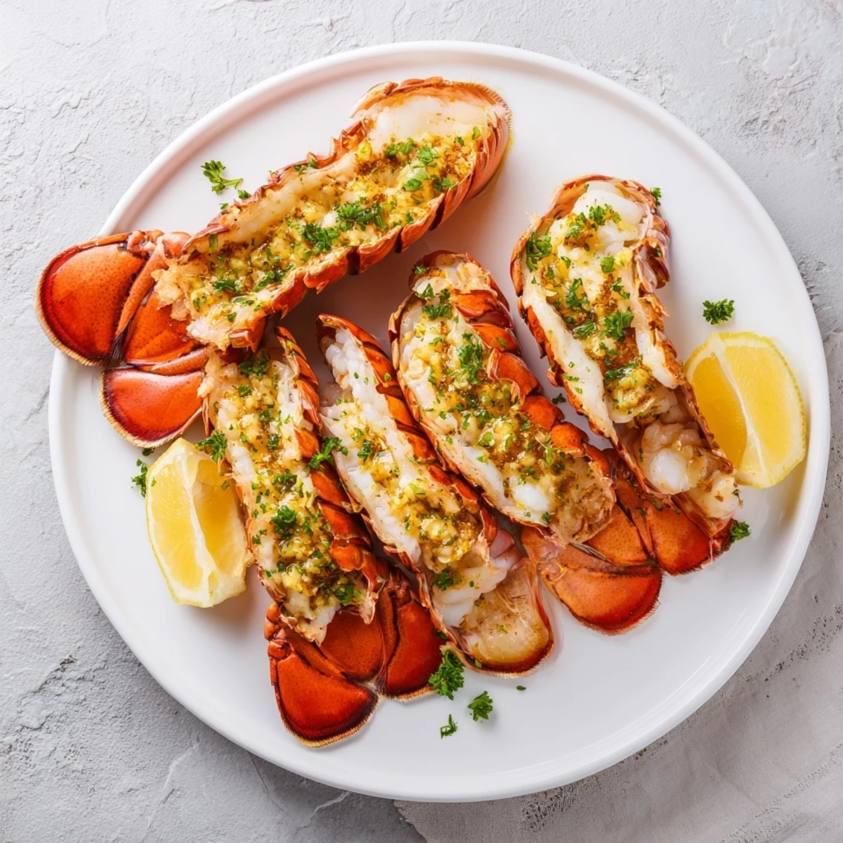 Garlic Butter Lobster Tails broiled to golden perfection on a baking sheet, garnished with fresh parsley and lemon wedges for serving.