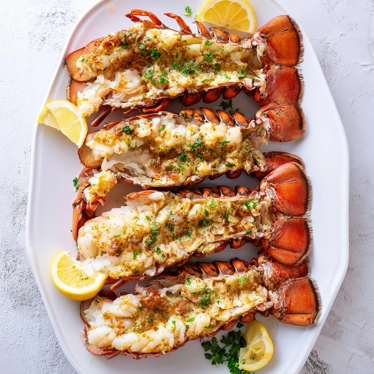The succulent tails of Garlic Butter Lobster Tails glistening with aromatic garlic butter sauce, a perfect seafood main dish for a special dinner.