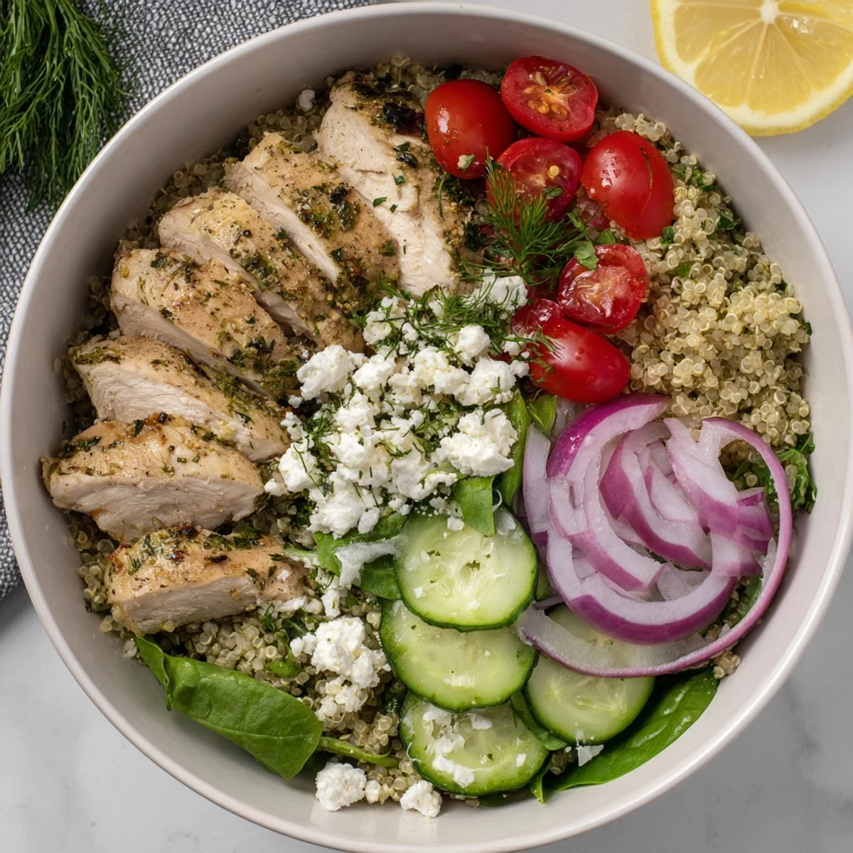 The Lemon Herb Grilled Chicken Quinoa Bowl features juicy grilled chicken, fluffy quinoa, and vibrant fresh vegetables on a white plate.
