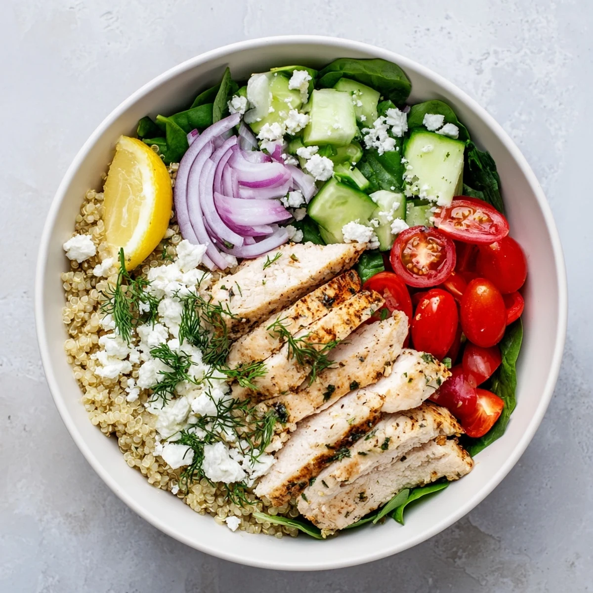 Colorful Mediterranean-inspired Lemon Herb Grilled Chicken Quinoa Bowl includes cherry tomatoes, spinach, and red onion with a light dressing.